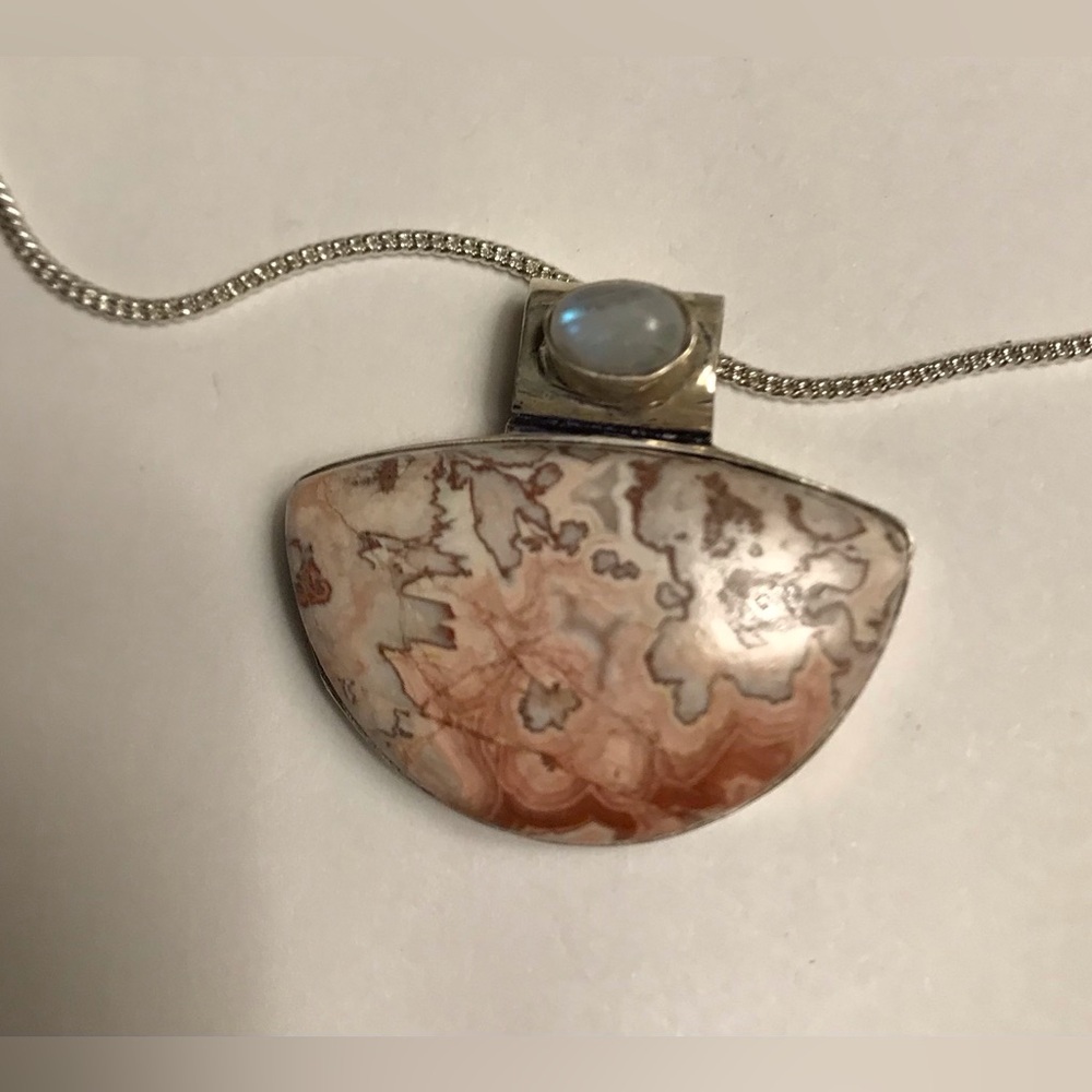 Moonstone Mexican Laguna Lace Stamped 925 Sterling Silver Necklace
